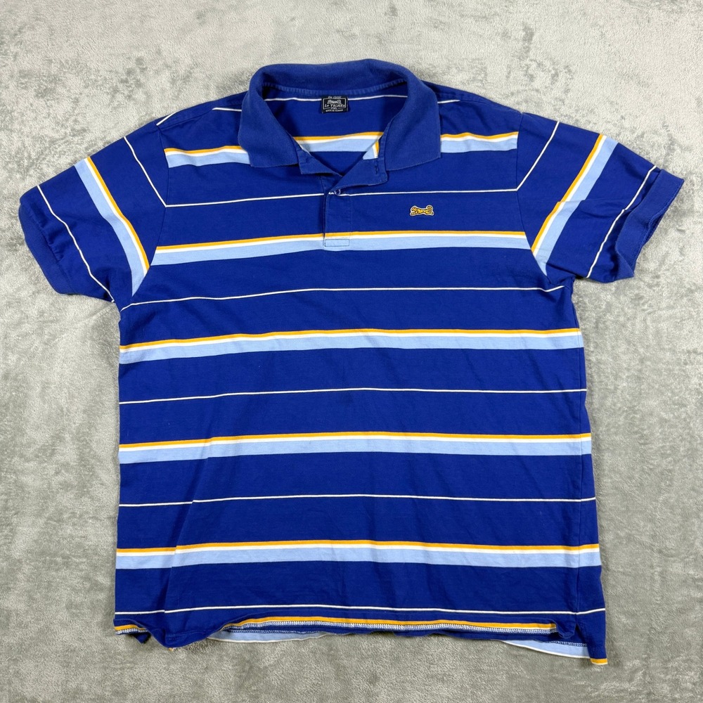 Vintage Le Tigre Mens 2XL Polo Shirt Blue Striped Short Sleeve Cotton